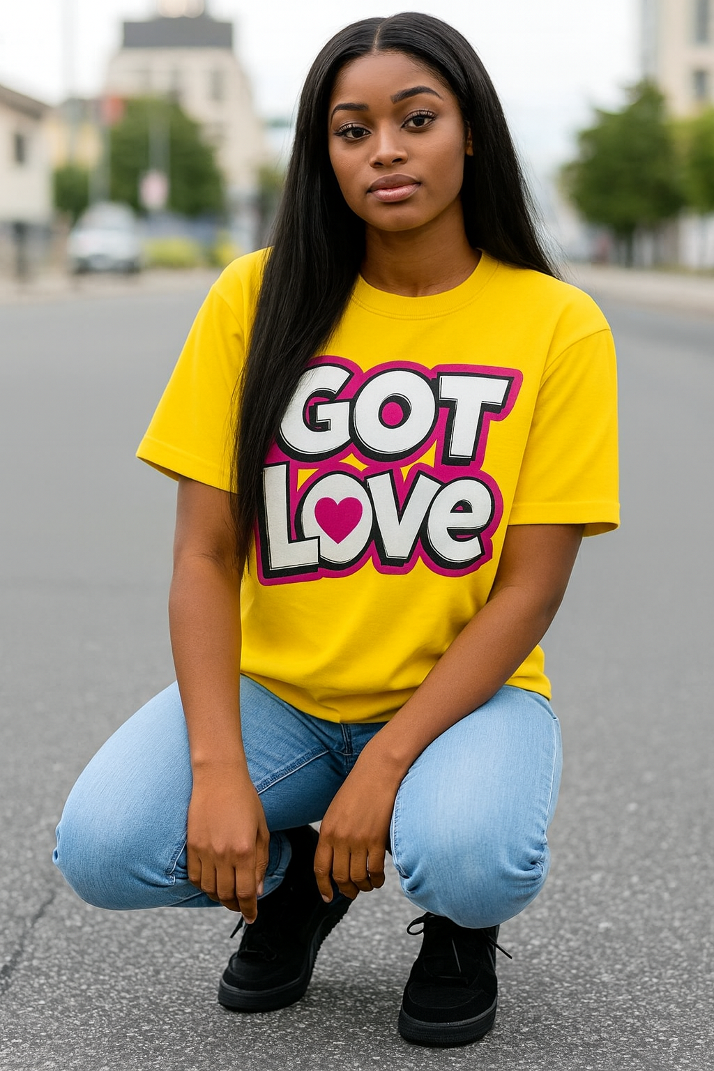 GOT LOVE Bright Yellow Bubble Letter Graphic Tee – Bold Heart Typography | Rene Ink