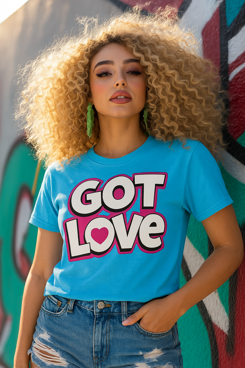 GOT LOVE Blue Bubble Letter Graphic Tee – Bold Heart Typography | Rene Ink