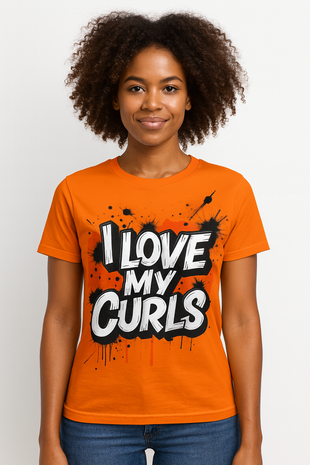 I Love My Curls Art Tee – Orange T-Shirt with Bold Red Graphic | Curly Hair Empowerment Urban Style
