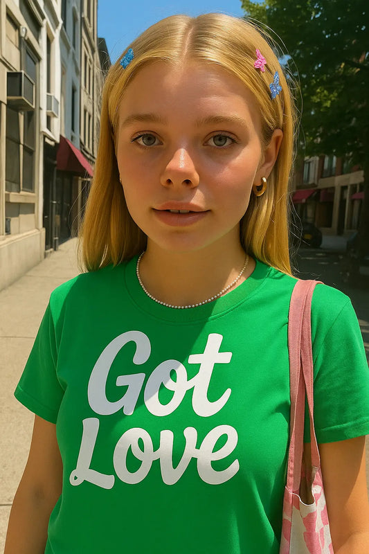 GOT LOVE Graphic T-Shirt – Green Retro Statement Tee | Bold Green Heart Typography