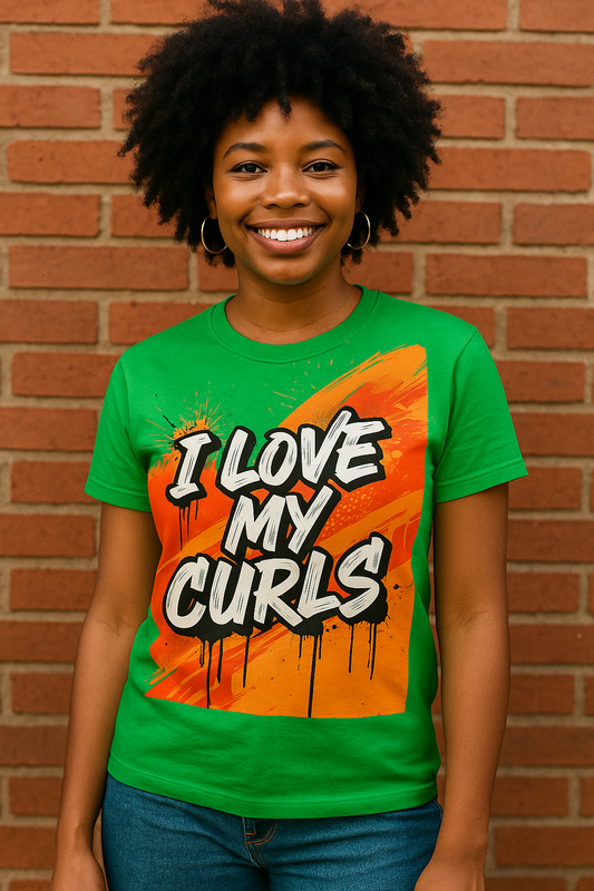 I Love My Curls Art Tee – Green T-Shirt with Bold Red Graphic | Curly Hair Empowerment Urban Style
