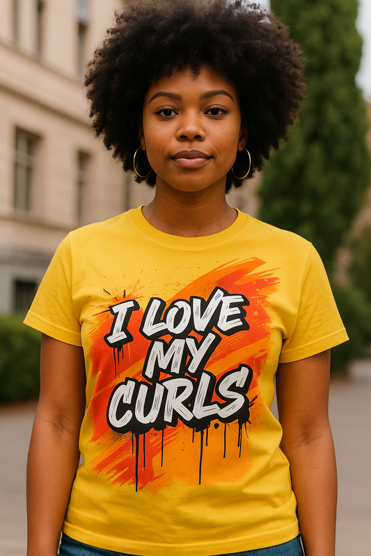 I Love My Curls Art Tee – Yellow T-Shirt with Bold Red Graphic | Curly Hair Empowerment Urban Style