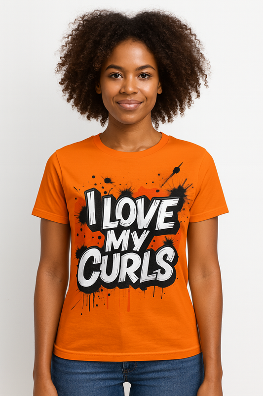 I Love My Curls Art Tee – Orange T-Shirt with Bold Red Graphic | Curly Hair Empowerment Urban Style