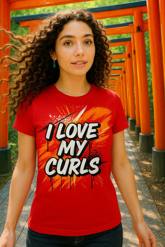 I Love My Curls Art Tee – Red T-Shirt with Bold Red Graphic | Curly Hair Empowerment Urban Style